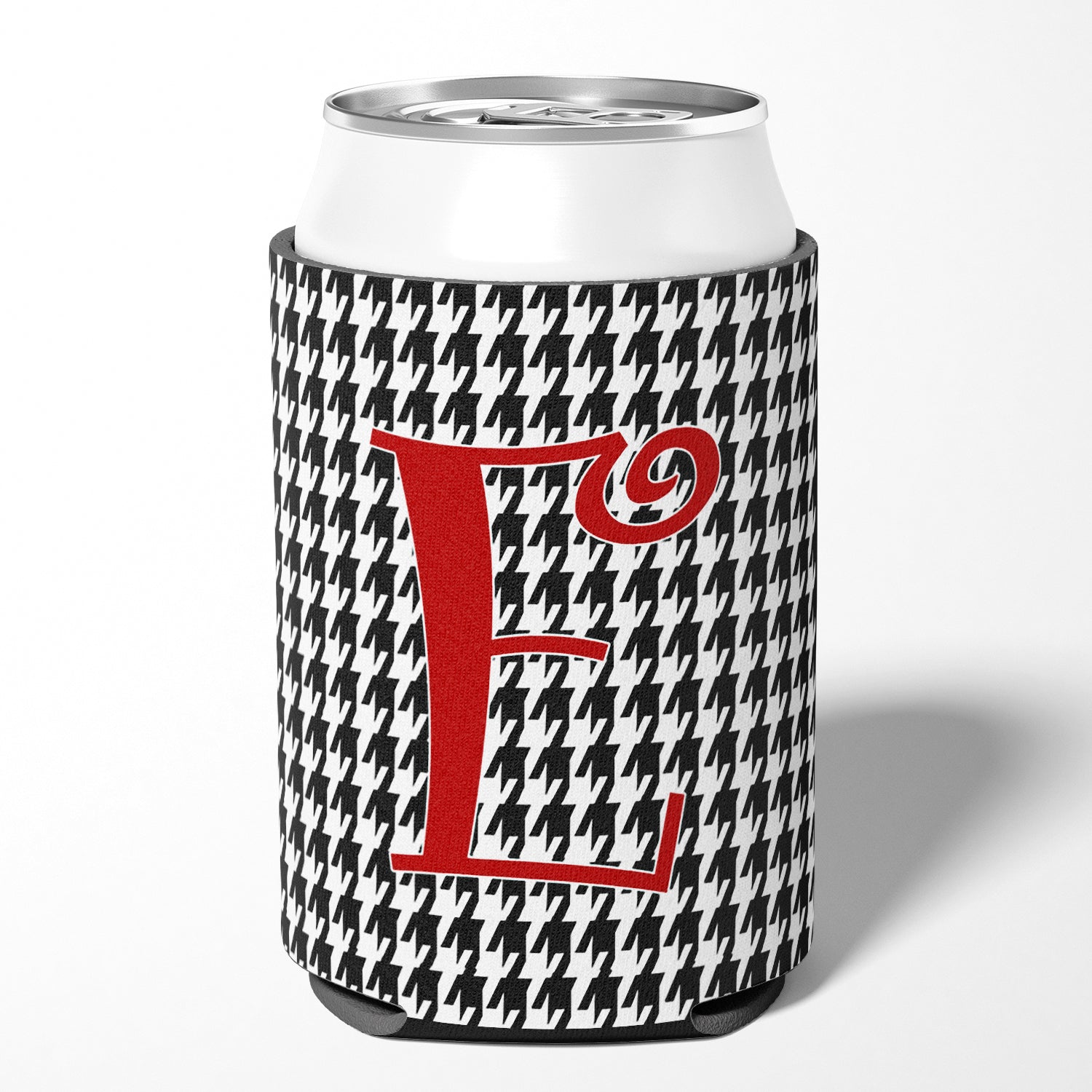 Letter E Initial Monogram - Houndstooth Black Can or Bottle Beverage Insulator Hugger.