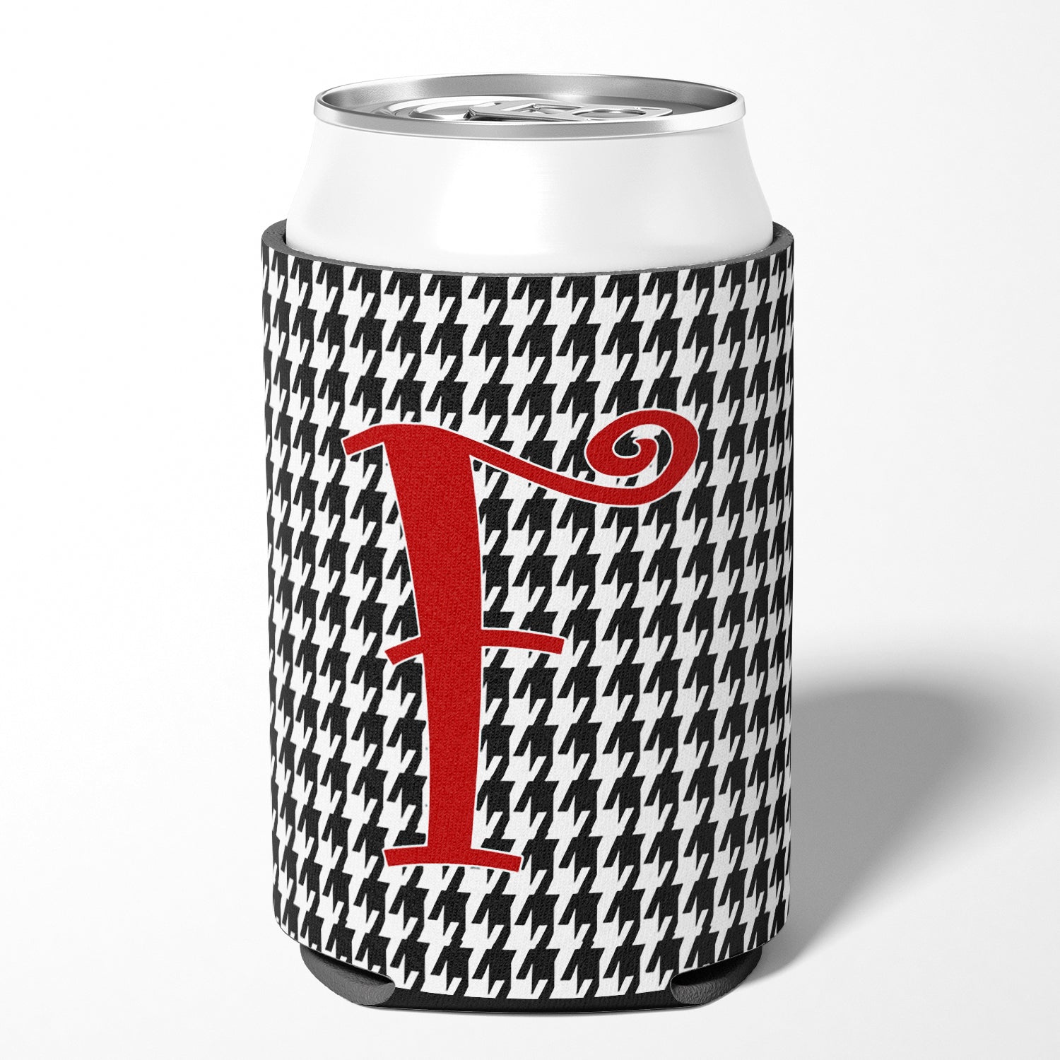 Letter F Initial Monogram - Houndstooth Black Can or Bottle Beverage Insulator Hugger.