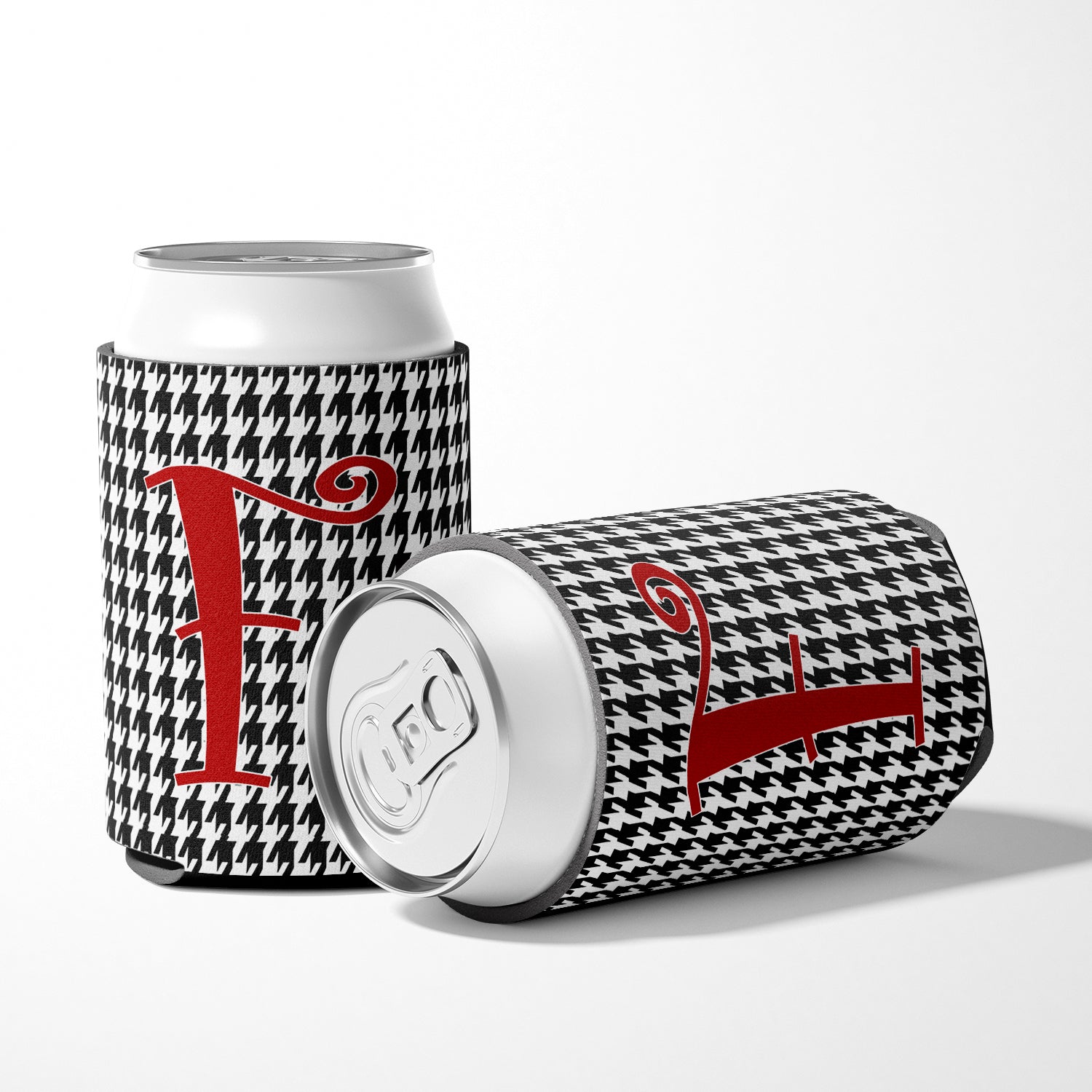Letter F Initial Monogram - Houndstooth Black Can or Bottle Beverage Insulator Hugger.