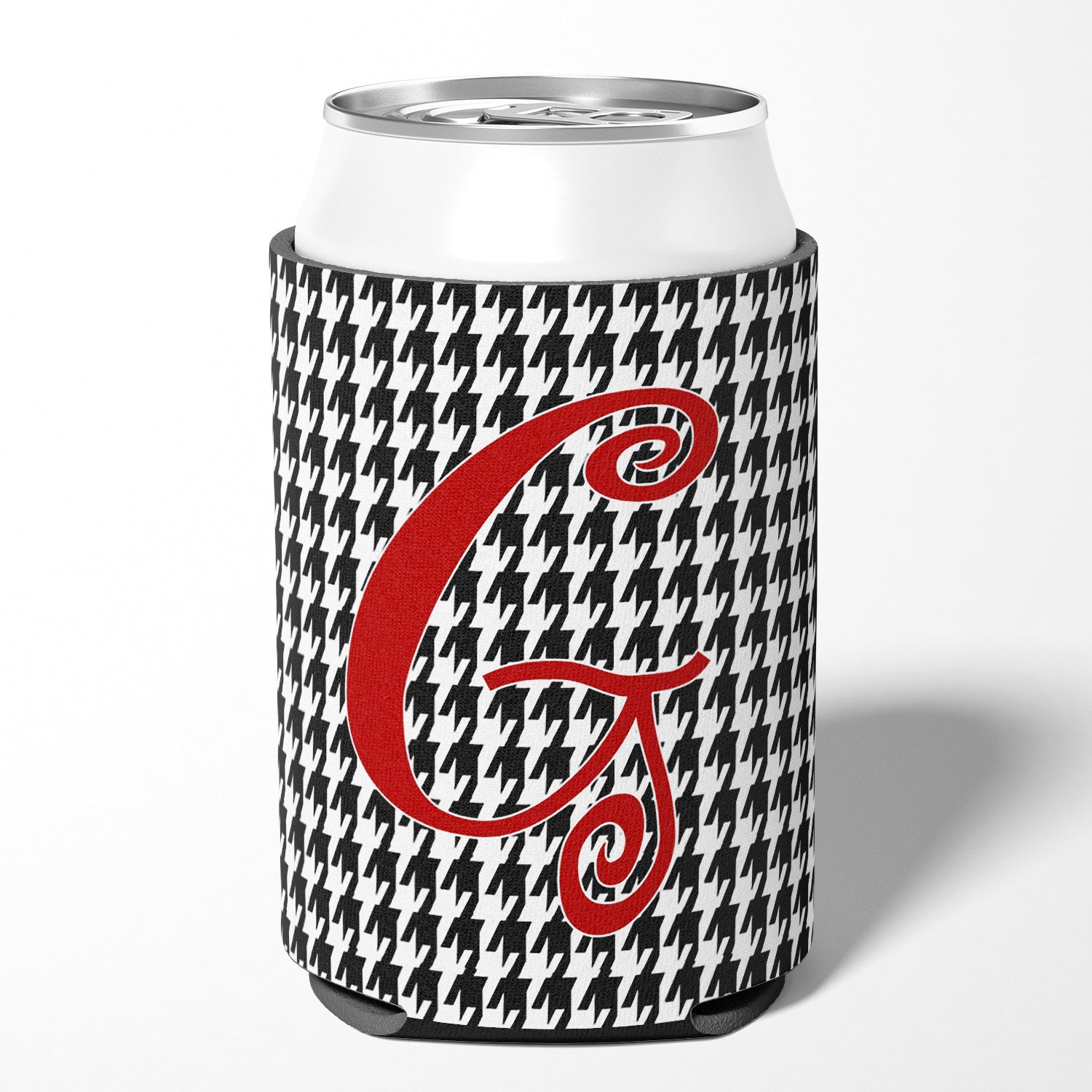 Letter G Initial Monogram - Houndstooth Black Can or Bottle Beverage Insulator Hugger.