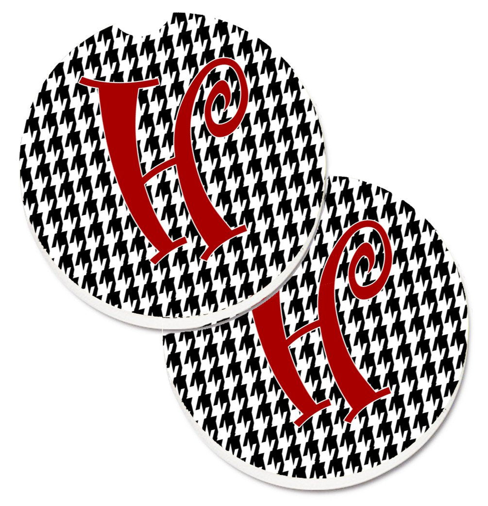 Monogram Initial H Houndstooth Black  Set of 2 Cup Holder Car Coasters CJ1035-HCARC by Caroline&#39;s Treasures