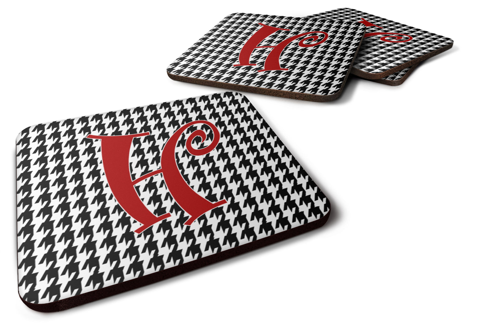 Set of 4 Monogram - Houndstooth Black Foam Coasters Initial Letter H - the-store.com