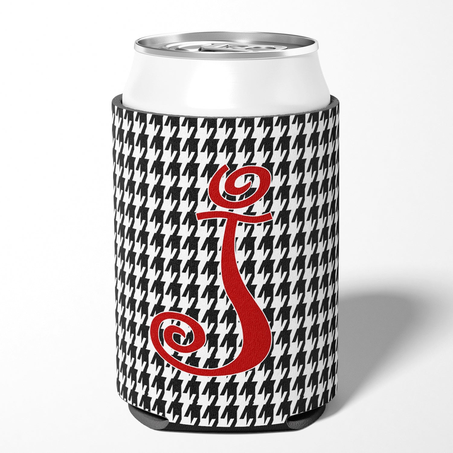 Letter J Initial Monogram - Houndstooth Black Can or Bottle Beverage Insulator Hugger.