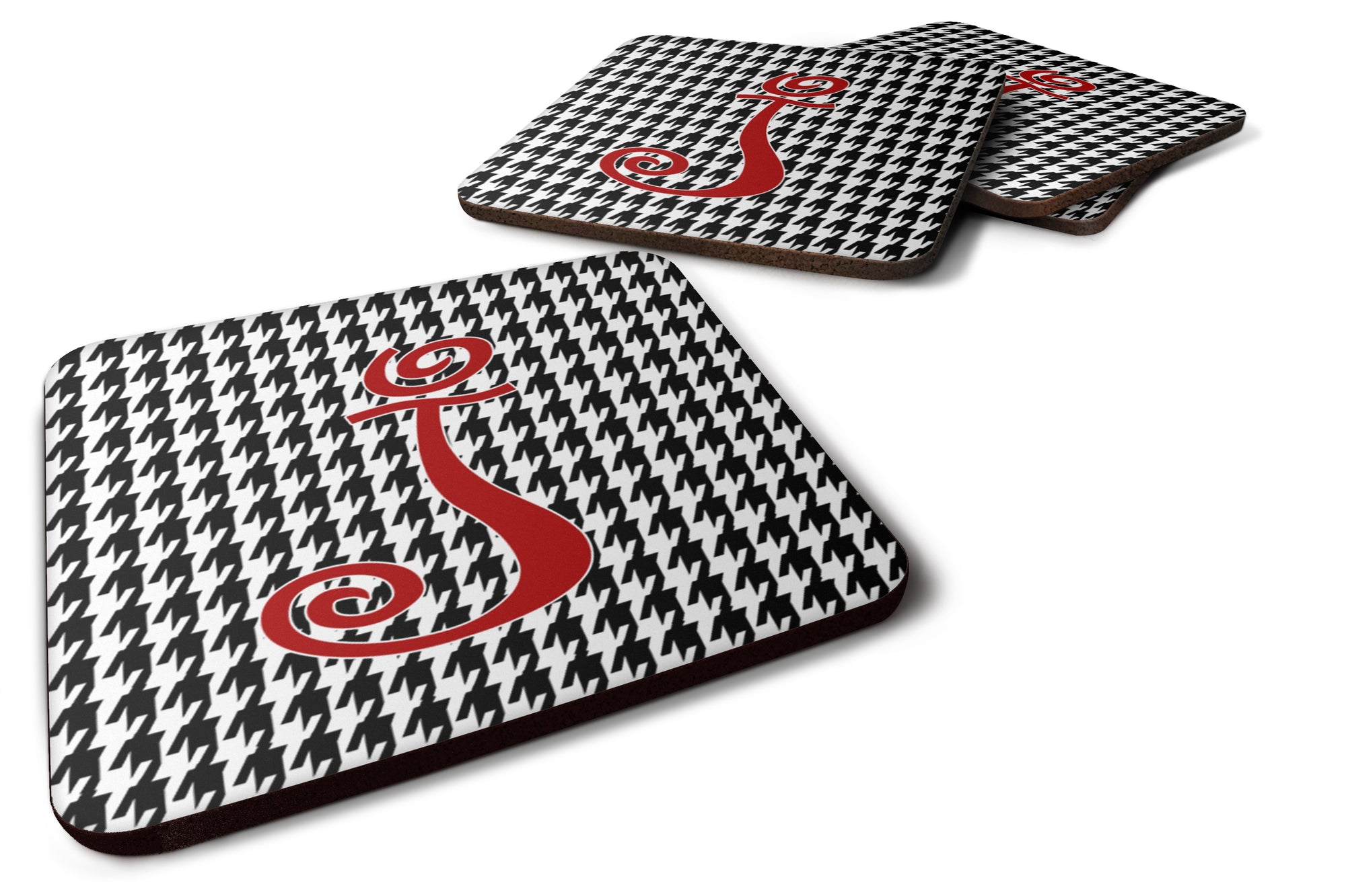 Set of 4 Monogram - Houndstooth Black Foam Coasters Initial Letter J - the-store.com