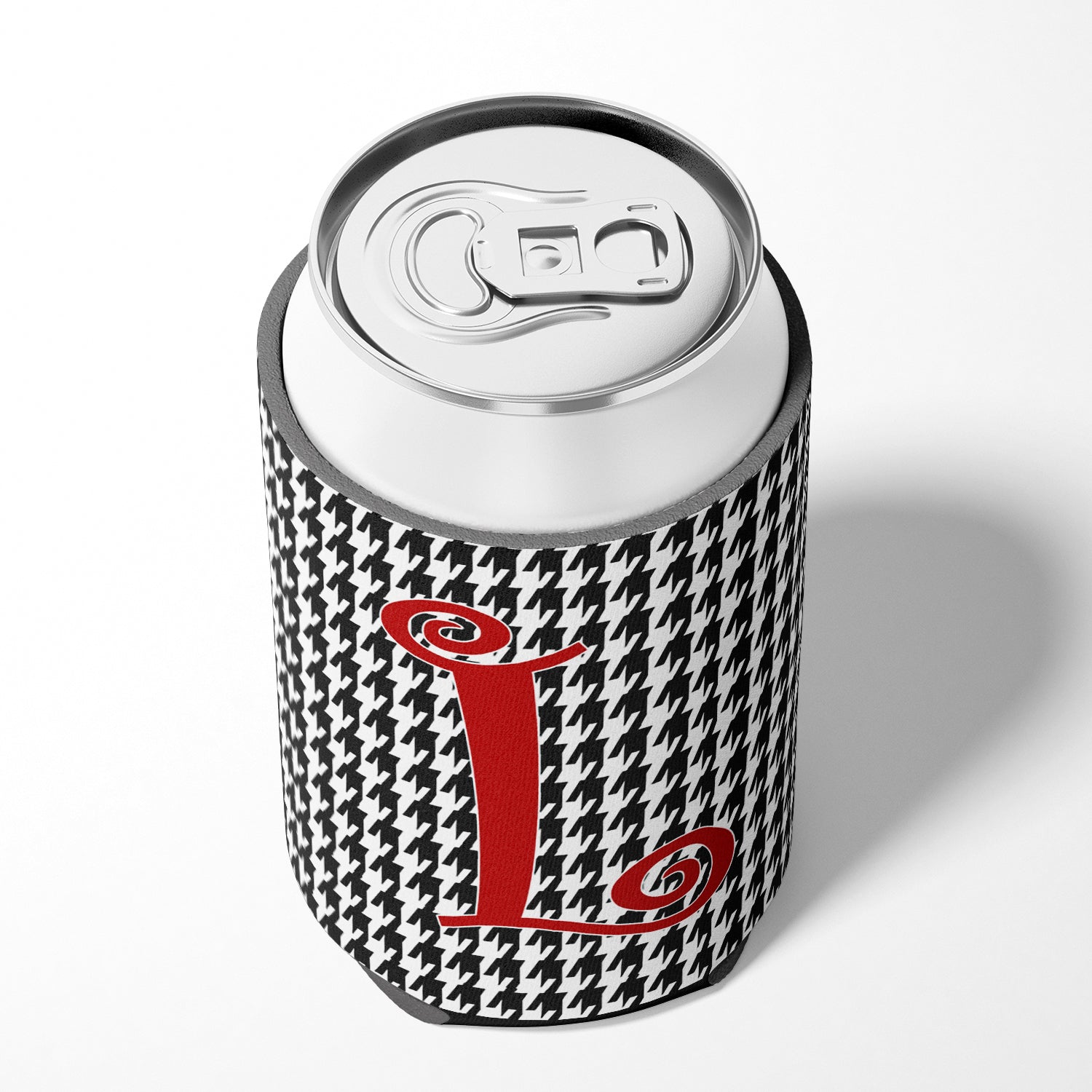 Letter L Initial Monogram - Houndstooth Black Can or Bottle Beverage Insulator Hugger.