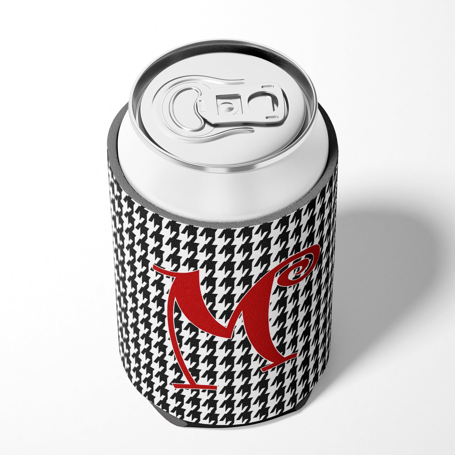 Letter M Initial Monogram - Houndstooth Black Can or Bottle Beverage Insulator Hugger.