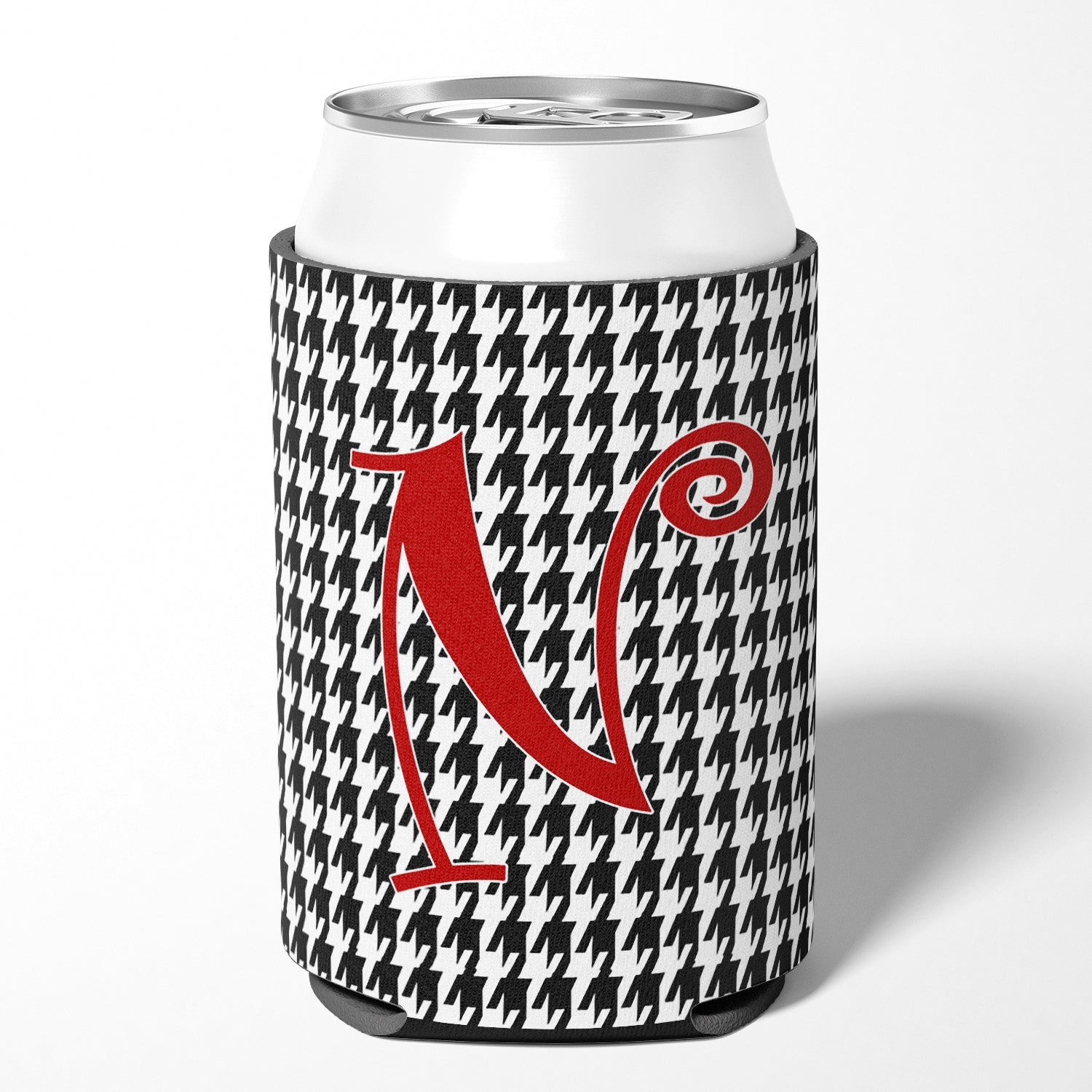 Letter N Initial Monogram - Houndstooth Black Can or Bottle Beverage Insulator Hugger.