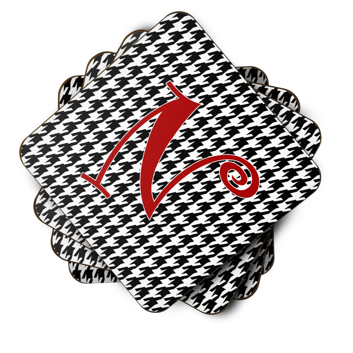 Set of 4 Monogram - Houndstooth Black Foam Coasters Initial Letter N - the-store.com