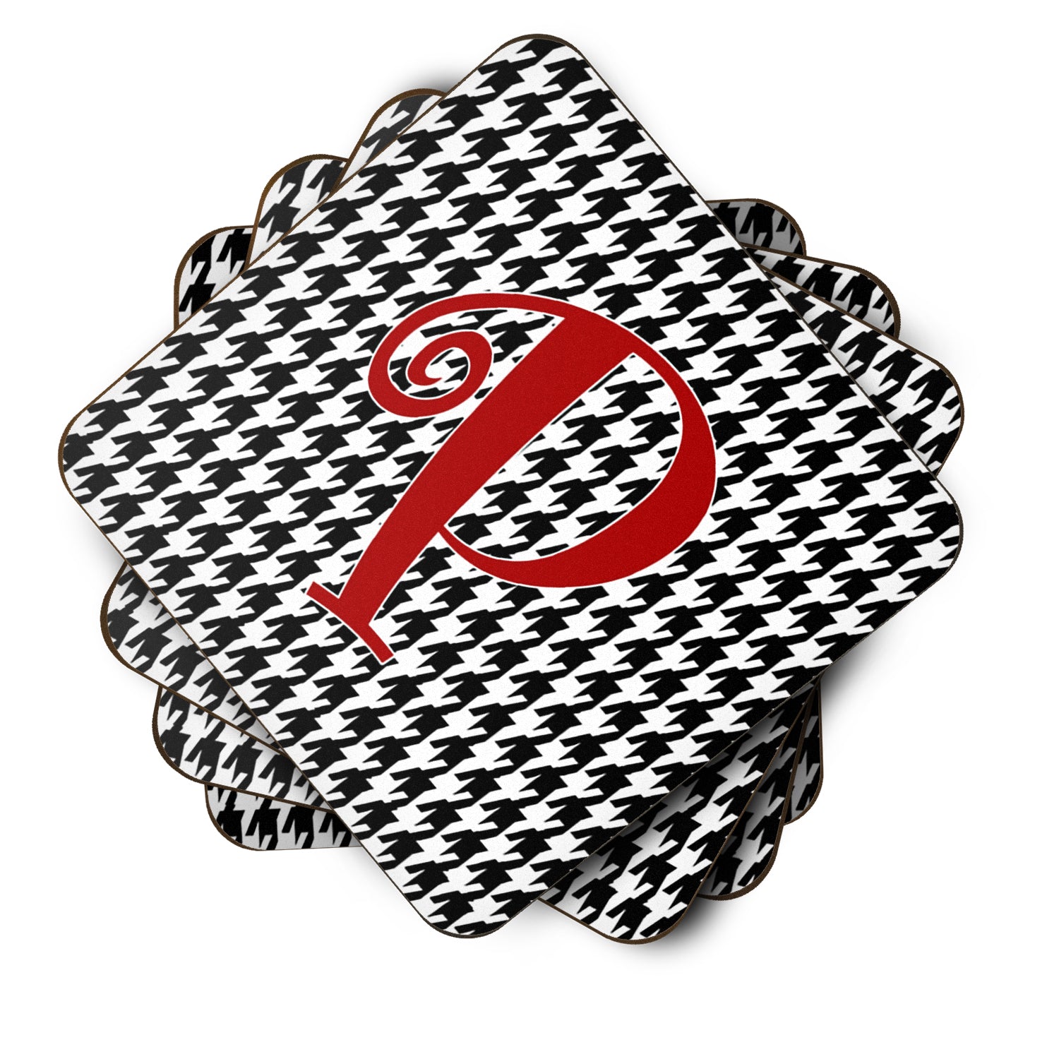 Set of 4 Monogram - Houndstooth Black Foam Coasters Initial Letter P - the-store.com