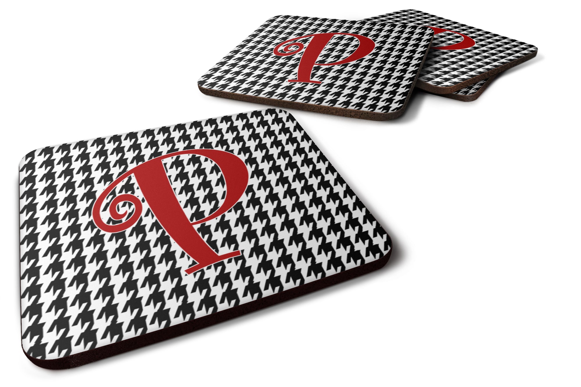 Set of 4 Monogram - Houndstooth Black Foam Coasters Initial Letter P - the-store.com