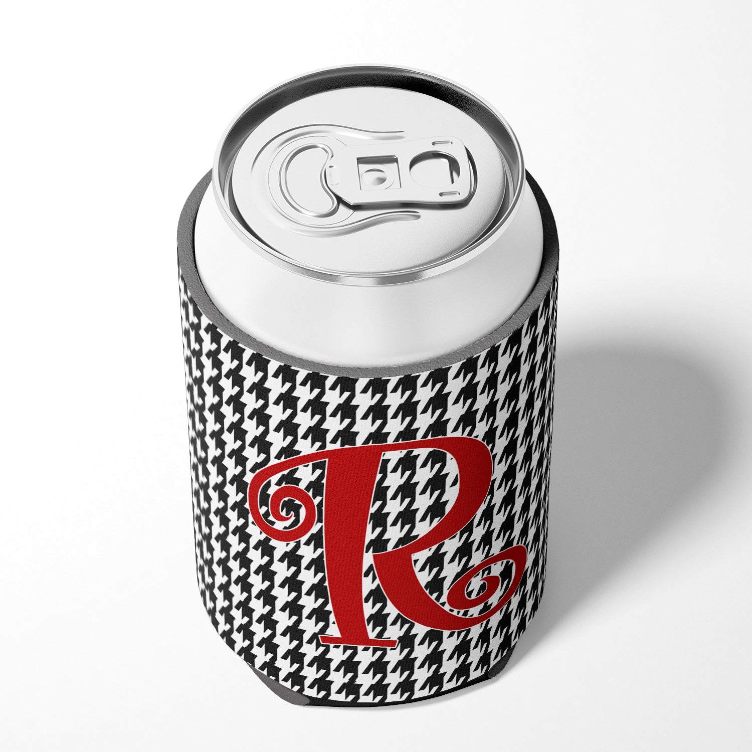 Letter R Initial Monogram - Houndstooth Black Can or Bottle Beverage Insulator Hugger.