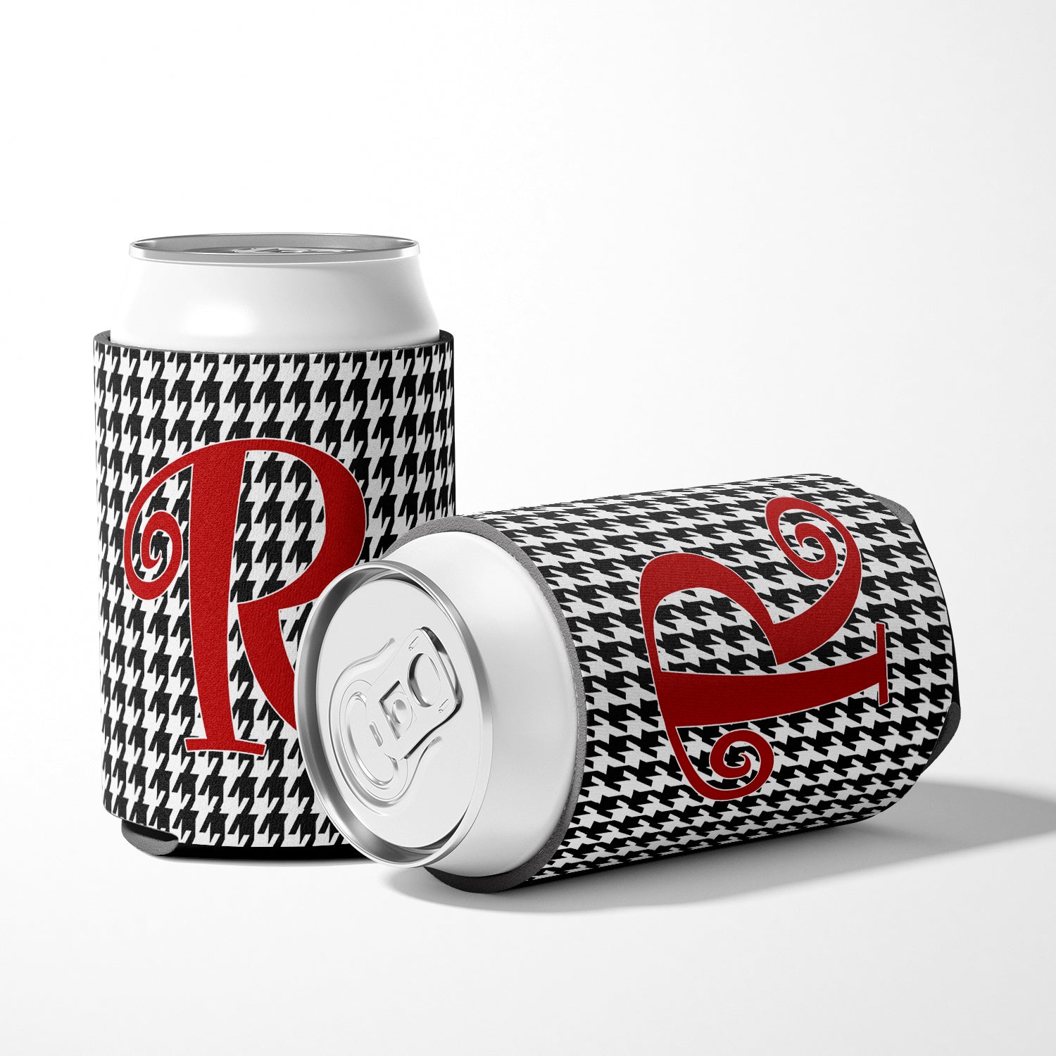 Letter R Initial Monogram - Houndstooth Black Can or Bottle Beverage Insulator Hugger.