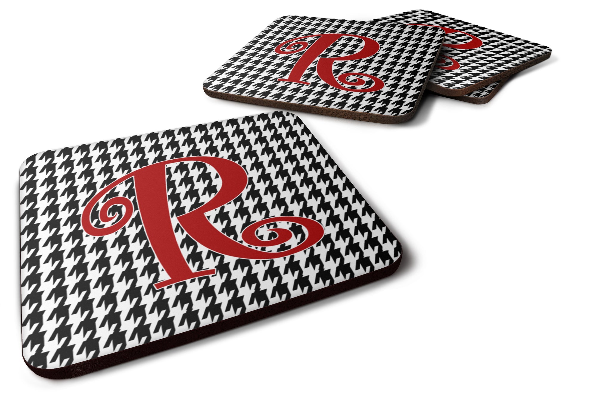 Set of 4 Monogram - Houndstooth Black Foam Coasters Initial Letter R - the-store.com
