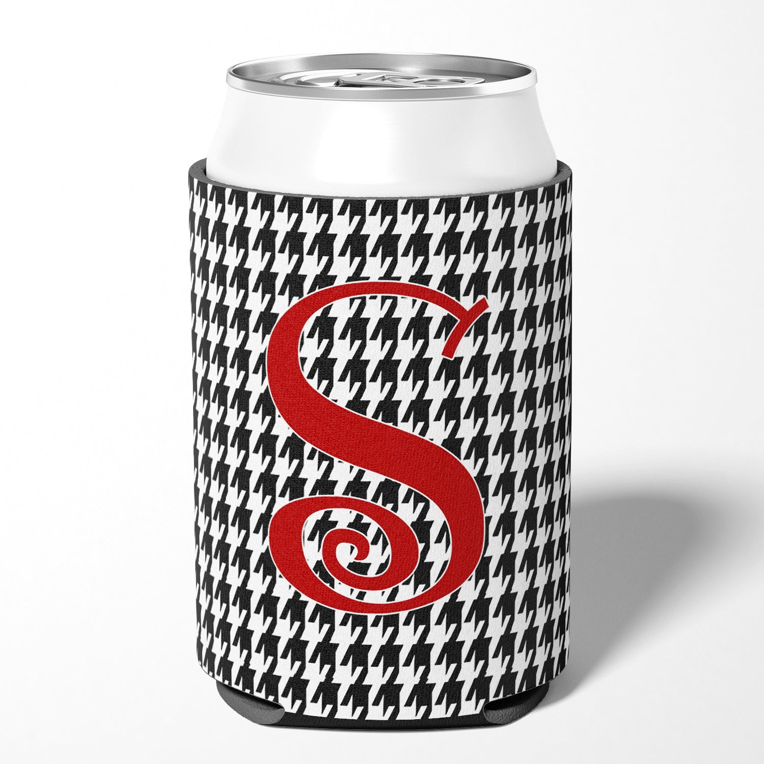 Letter S Initial Monogram - Houndstooth Black Can or Bottle Beverage Insulator Hugger.