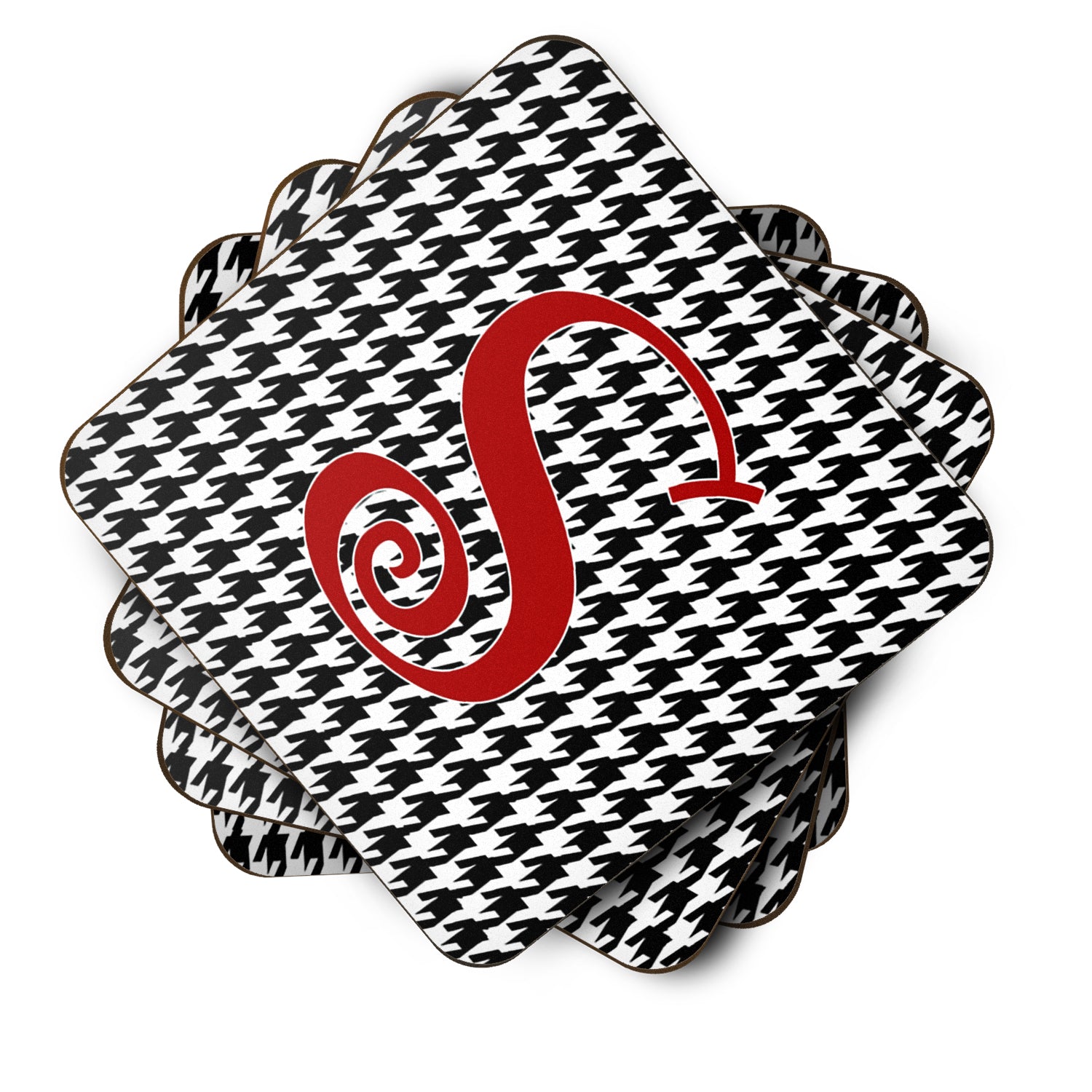 Set of 4 Monogram - Houndstooth Black Foam Coasters Initial Letter S - the-store.com