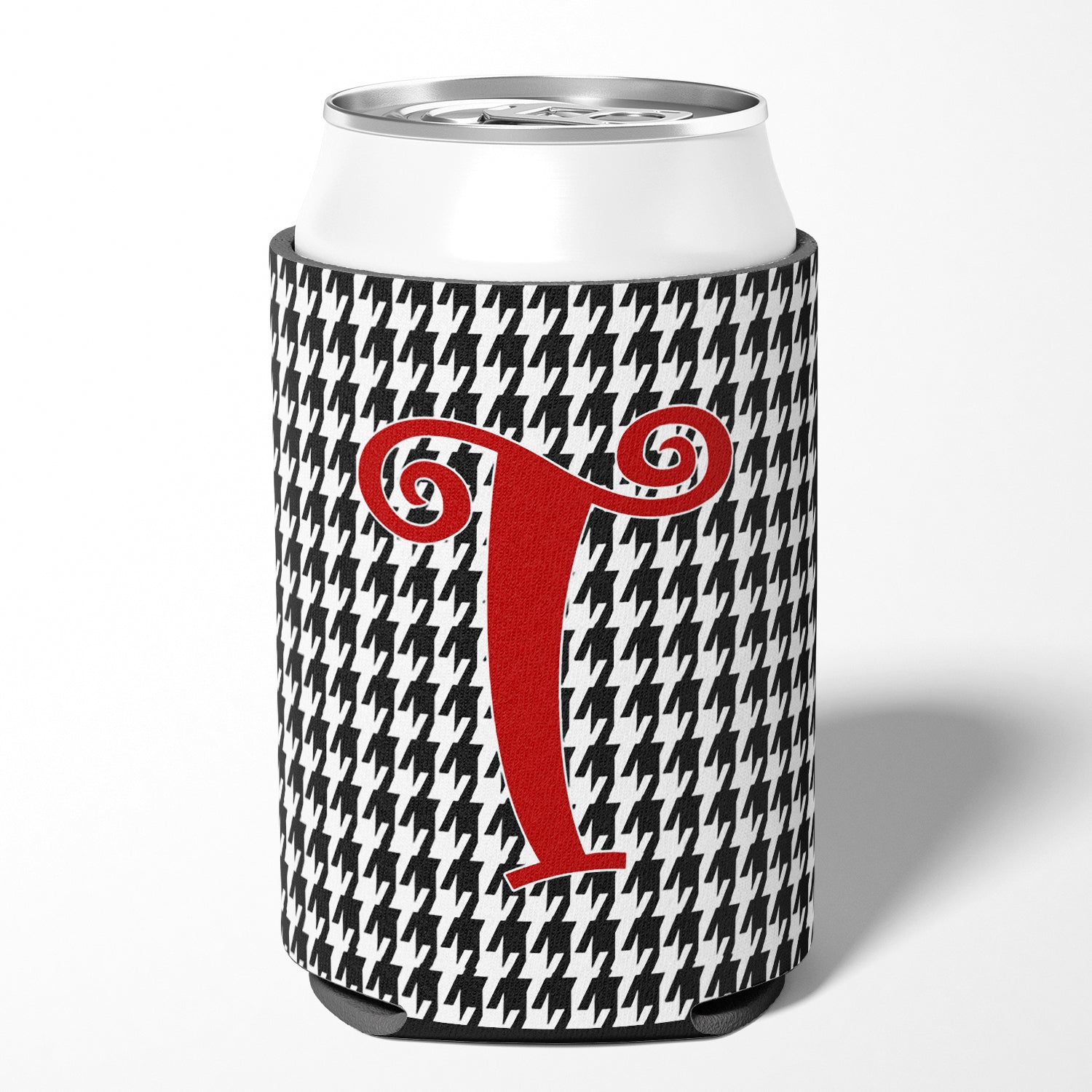 Letter T Initial Monogram - Houndstooth Black Can or Bottle Beverage Insulator Hugger.