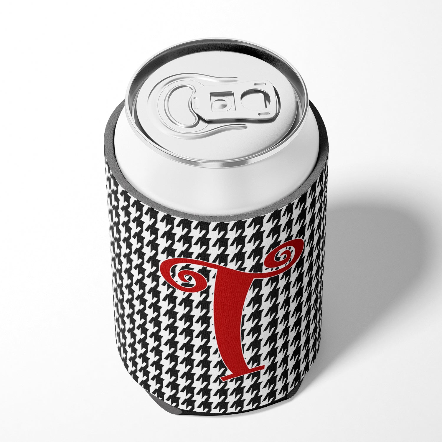 Letter T Initial Monogram - Houndstooth Black Can or Bottle Beverage Insulator Hugger.