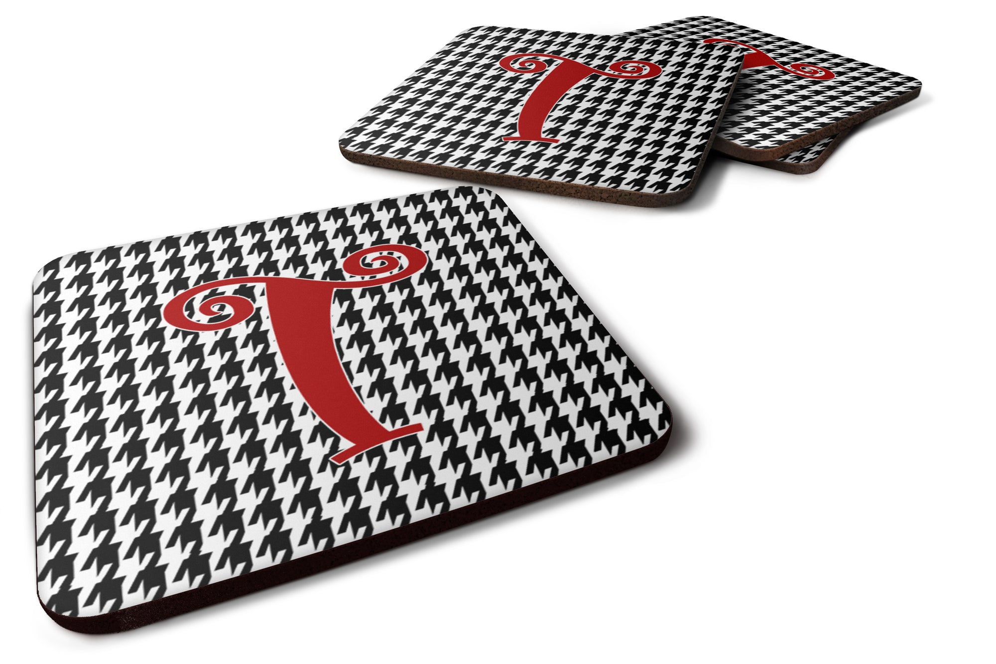 Set of 4 Monogram - Houndstooth Black Foam Coasters Initial Letter T - the-store.com