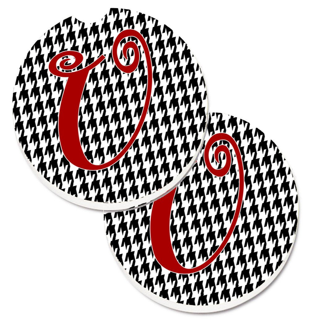 Monogram Initial U Houndstooth Black  Set of 2 Cup Holder Car Coasters CJ1035-UCARC by Caroline&#39;s Treasures