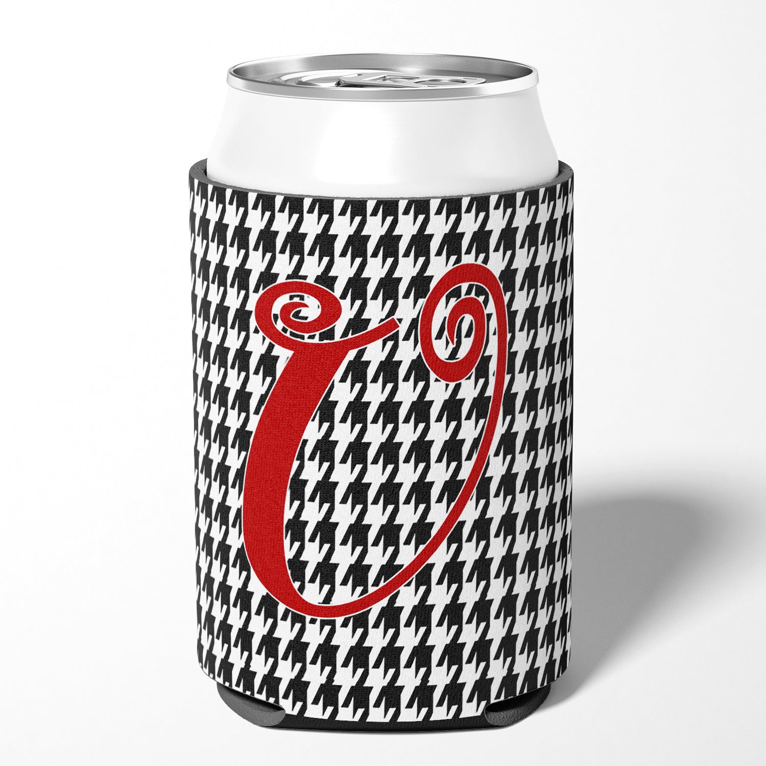 Letter U Initial Monogram - Houndstooth Black Can or Bottle Beverage Insulator Hugger.