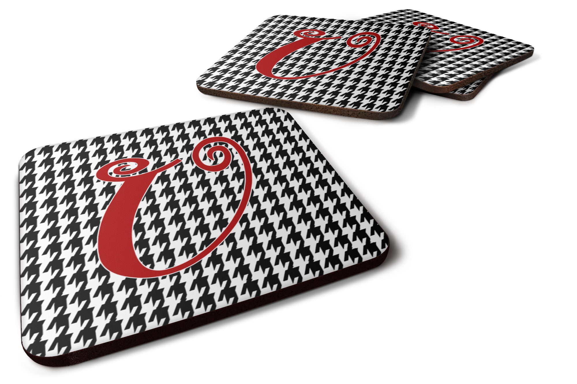 Set of 4 Monogram - Houndstooth Black Foam Coasters Initial Letter U - the-store.com