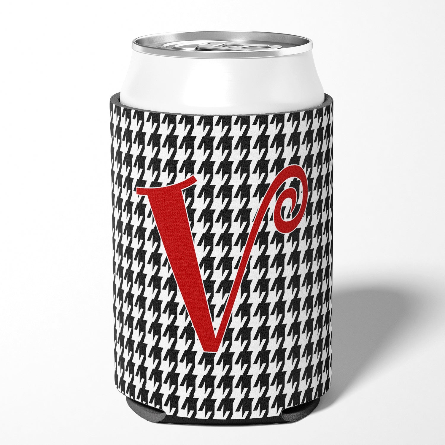 Letter V Initial Monogram - Houndstooth Black Can or Bottle Beverage Insulator Hugger.