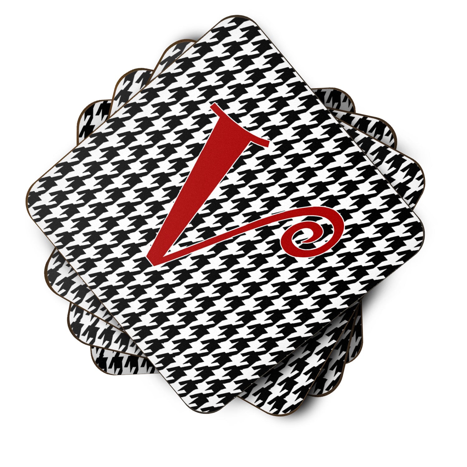 Set of 4 Monogram - Houndstooth Black Foam Coasters Initial Letter V - the-store.com