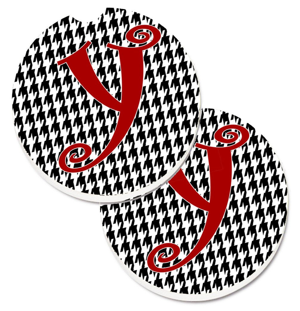 Monogram Initial Y Houndstooth Black  Set of 2 Cup Holder Car Coasters CJ1035-YCARC by Caroline&#39;s Treasures