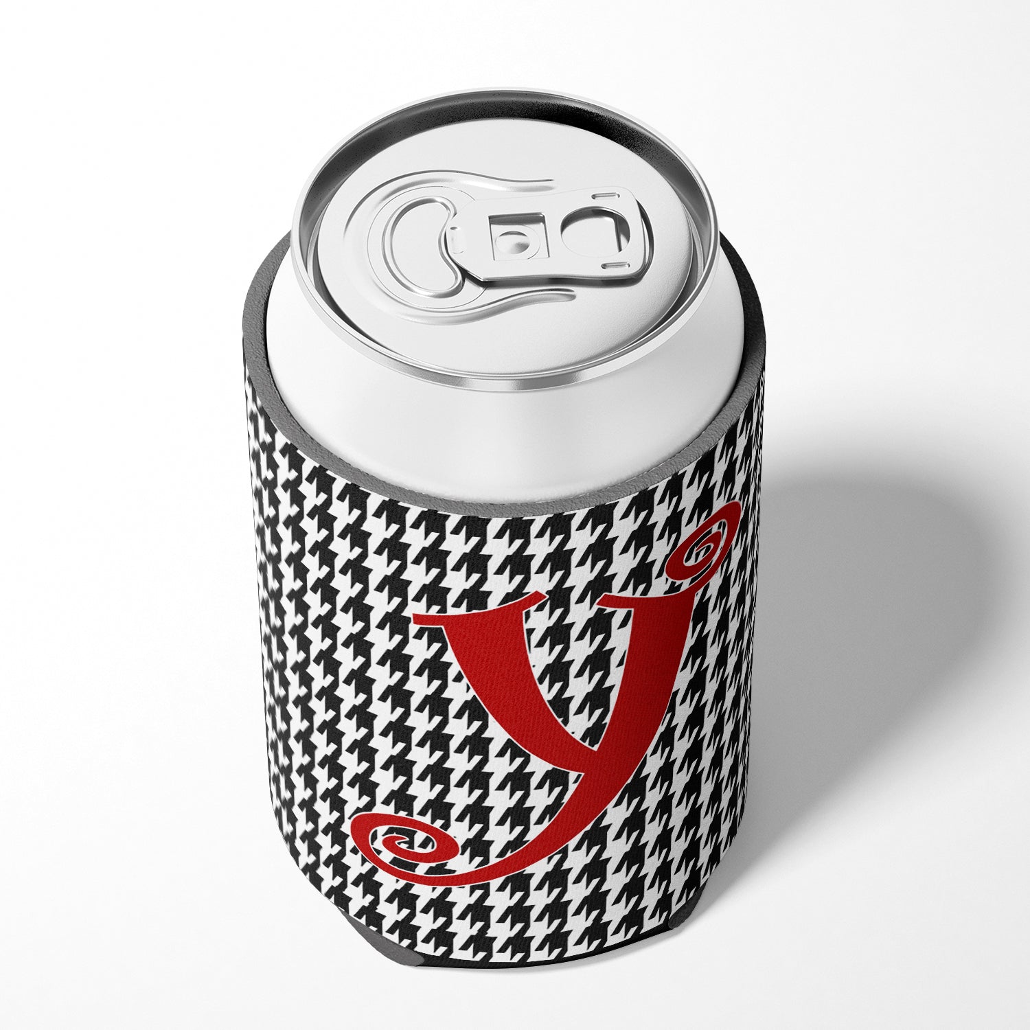 Letter Y Initial Monogram - Houndstooth Black Can or Bottle Beverage Insulator Hugger.
