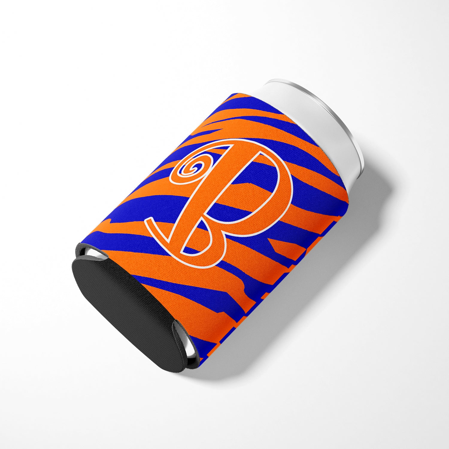 Letter B Initial Monogram - Tiger Stripe Blue and Orange Can Beverage Insulator Hugger