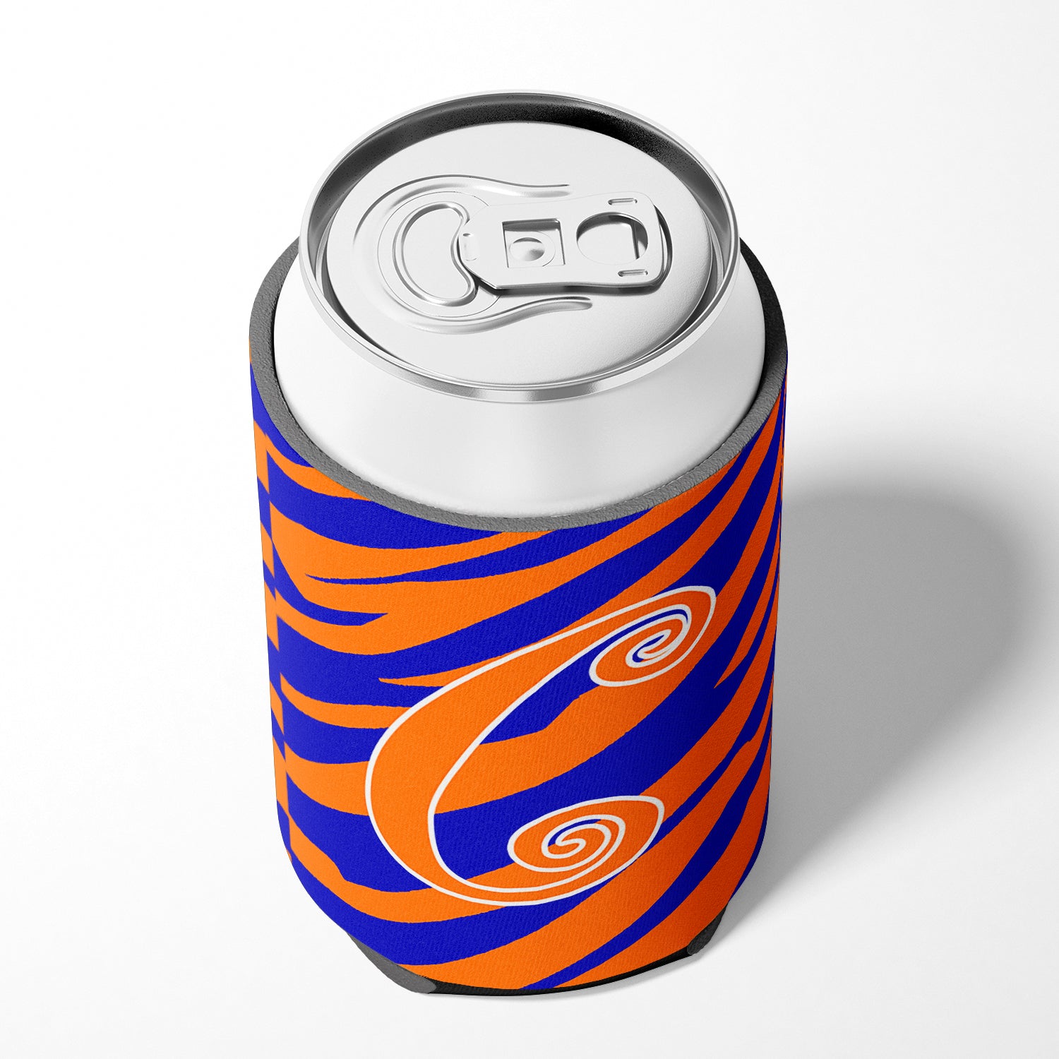 Letter C Initial Monogram - Tiger Stripe Blue and Orange Can Beverage Insulator Hugger