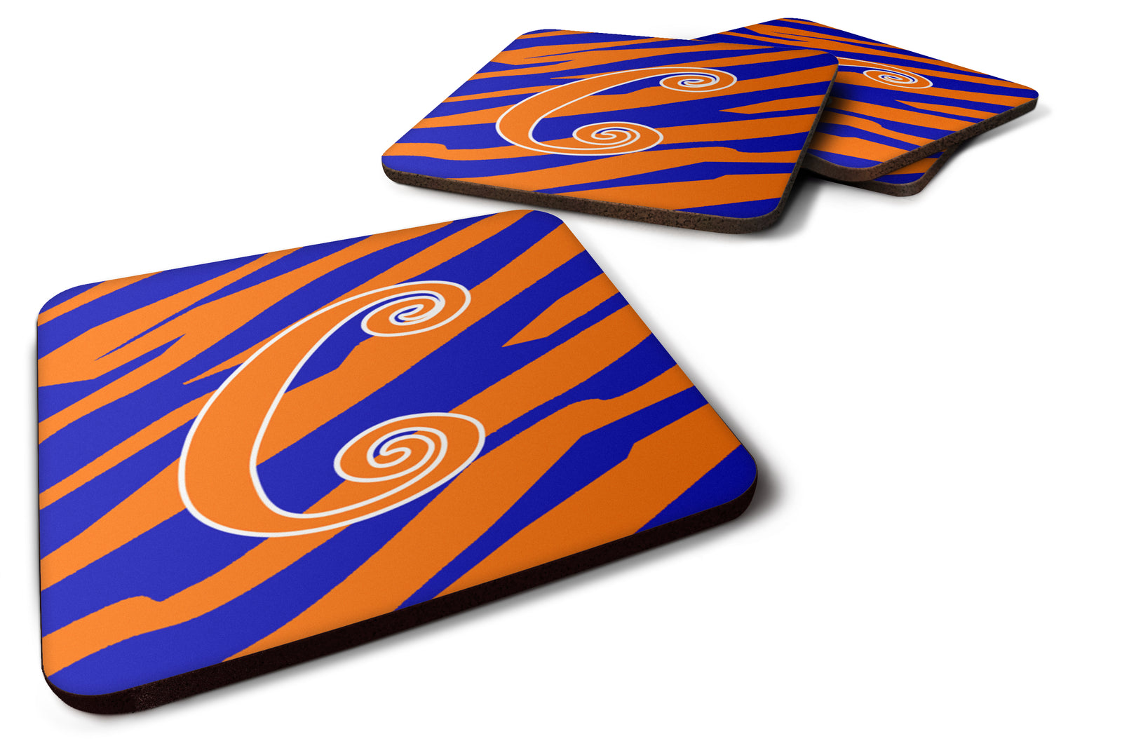 Set of 4 Monogram - Tiger Stripe Blue and Orange Foam Coasters Initial Letter C - the-store.com