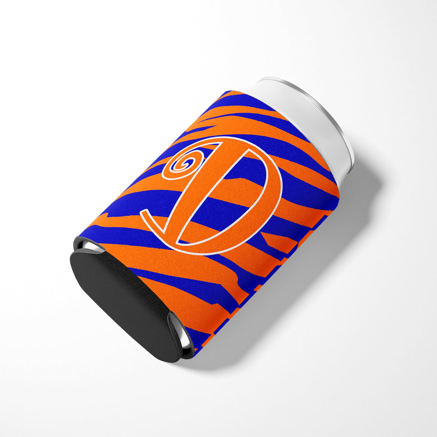 Letter D Initial Monogram - Tiger Stripe Blue and Orange Can Beverage Insulator Hugger