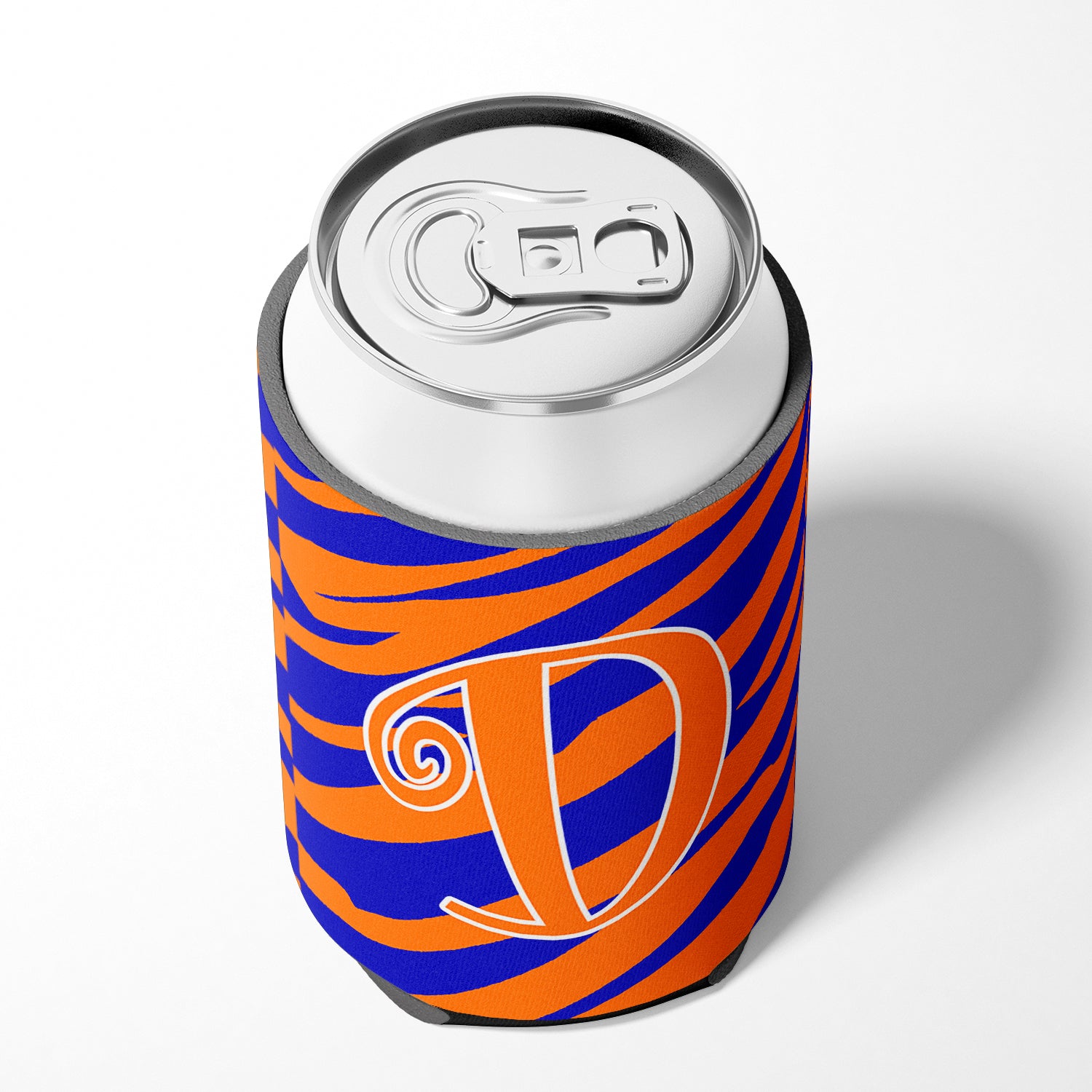 Letter D Initial Monogram - Tiger Stripe Blue and Orange Can Beverage Insulator Hugger