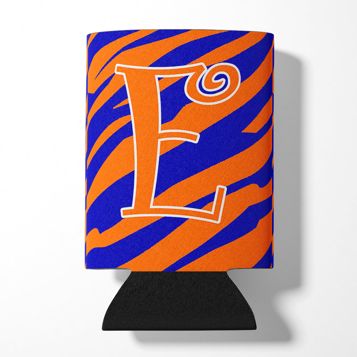 Letter E Initial Monogram - Tiger Stripe Blue and Orange Can Beverage Insulator Hugger