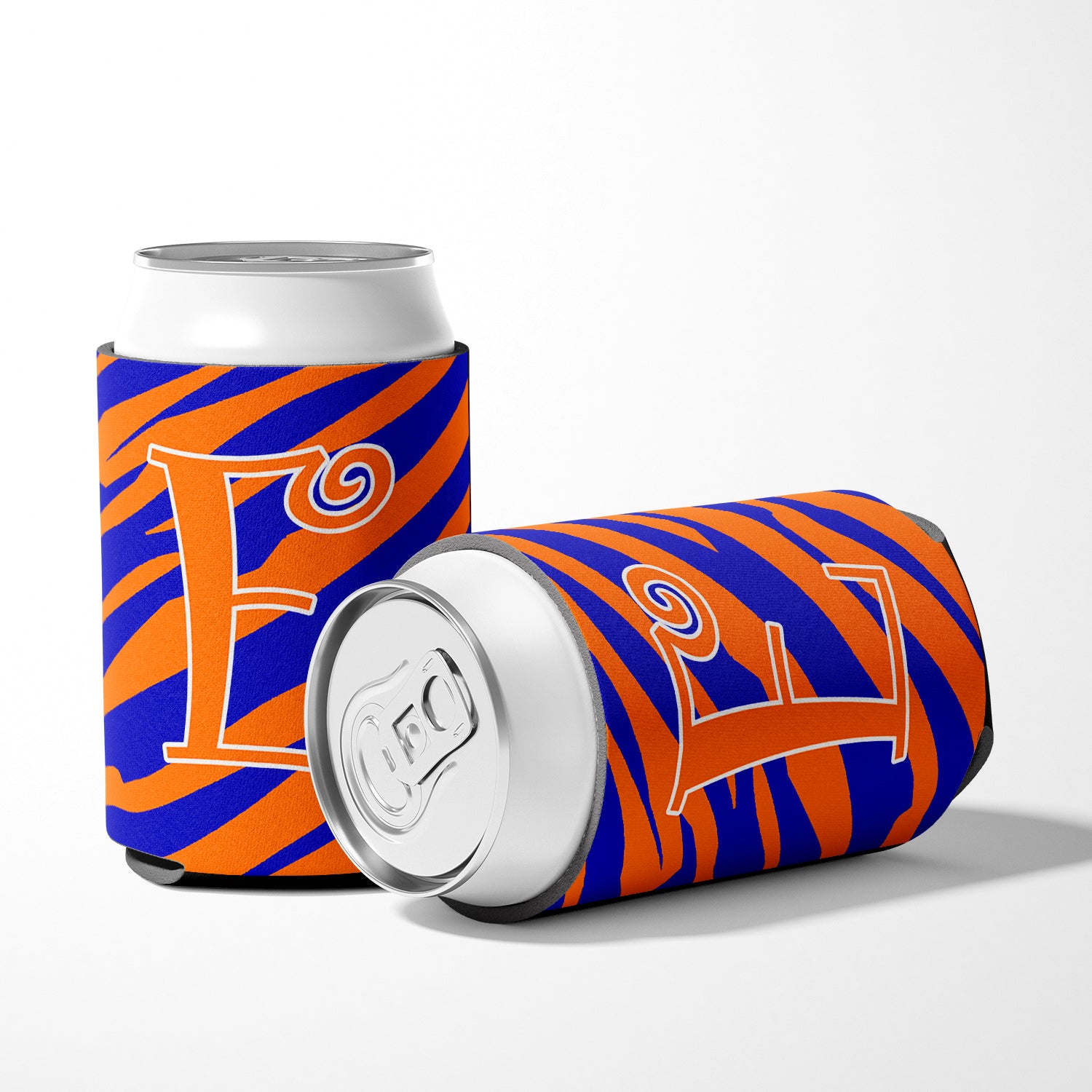 Letter E Initial Monogram - Tiger Stripe Blue and Orange Can Beverage Insulator Hugger