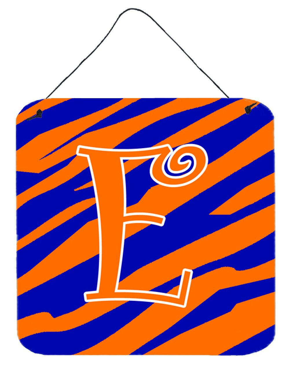 Letter E Initial Tiger Stripe Blue and Orange Wall or Door Hanging Prints by Caroline&#39;s Treasures