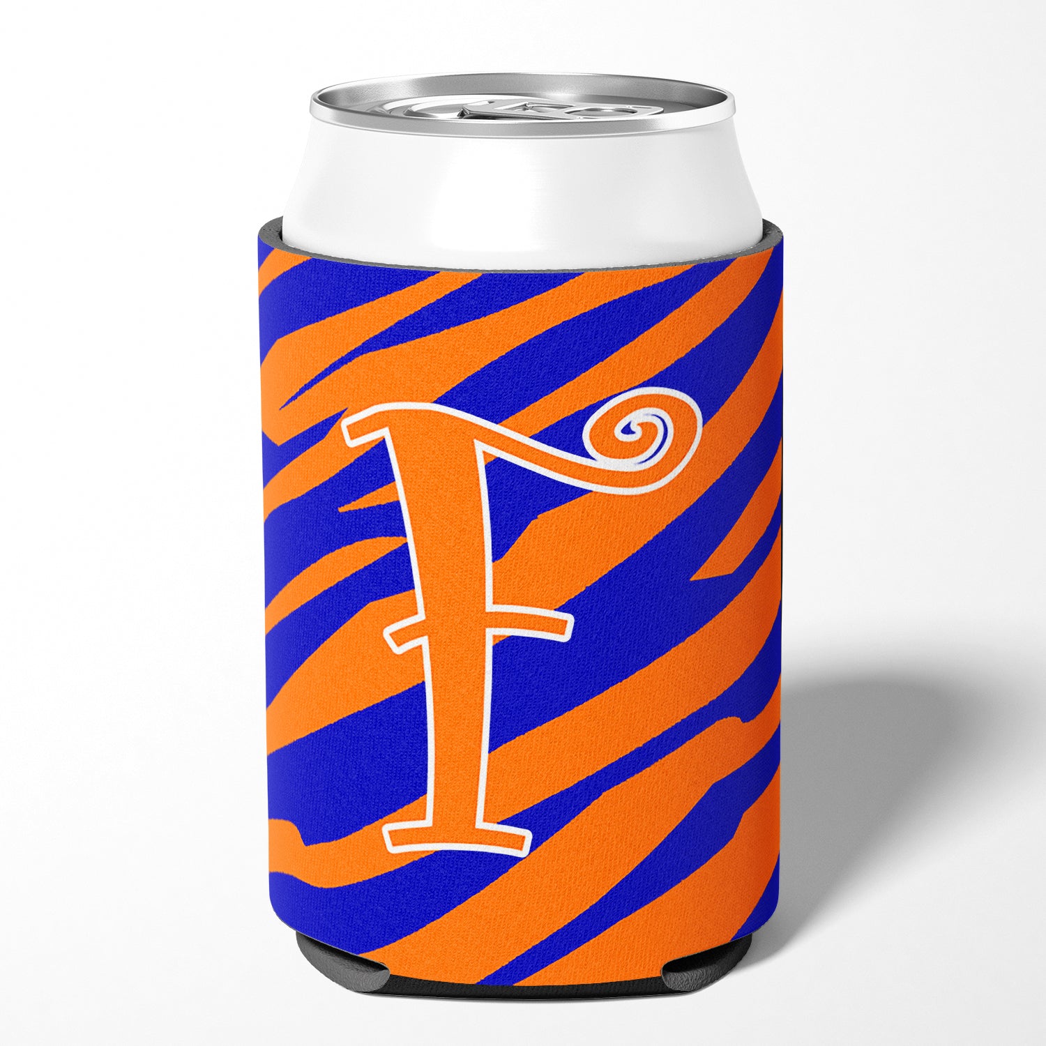 Letter F Initial Monogram - Tiger Stripe Blue and Orange Can Beverage Insulator Hugger
