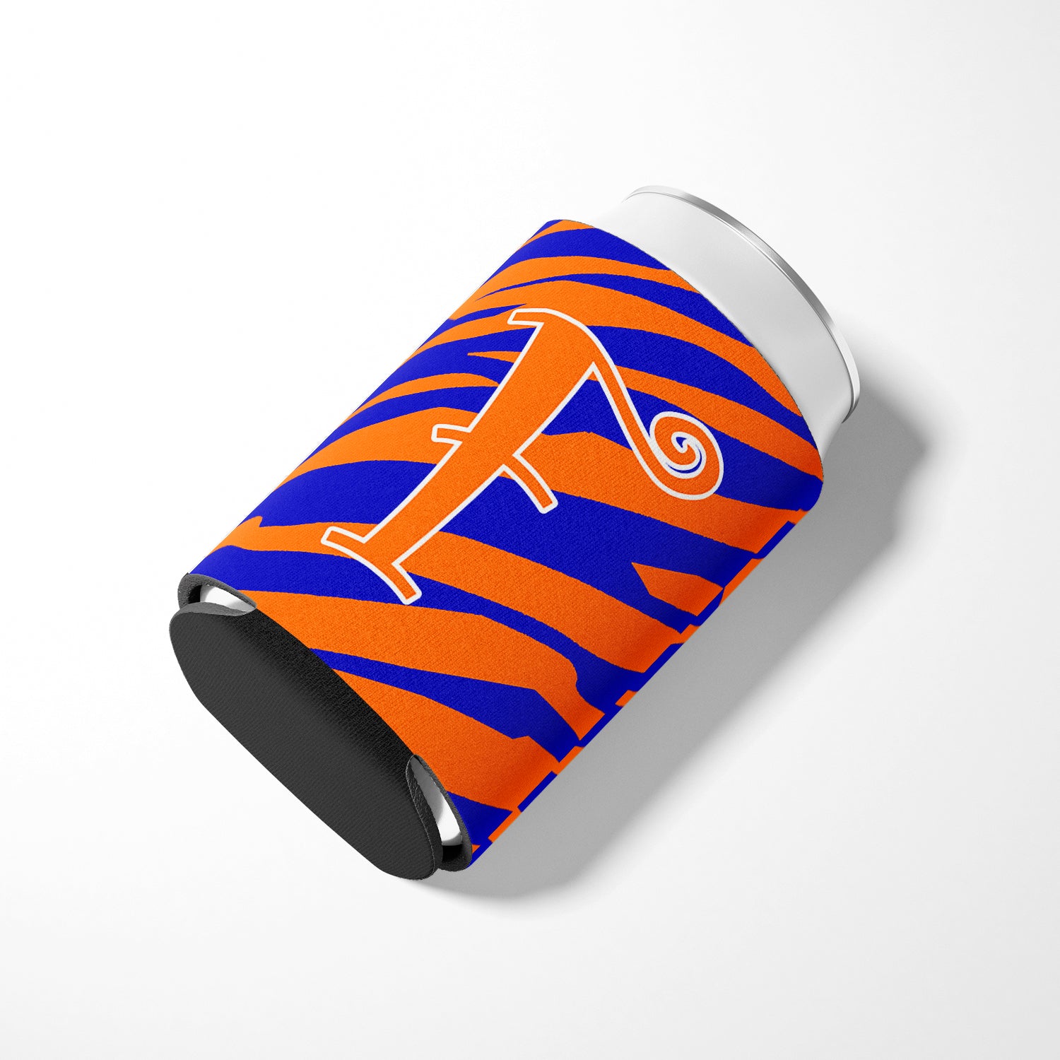 Letter F Initial Monogram - Tiger Stripe Blue and Orange Can Beverage Insulator Hugger.
