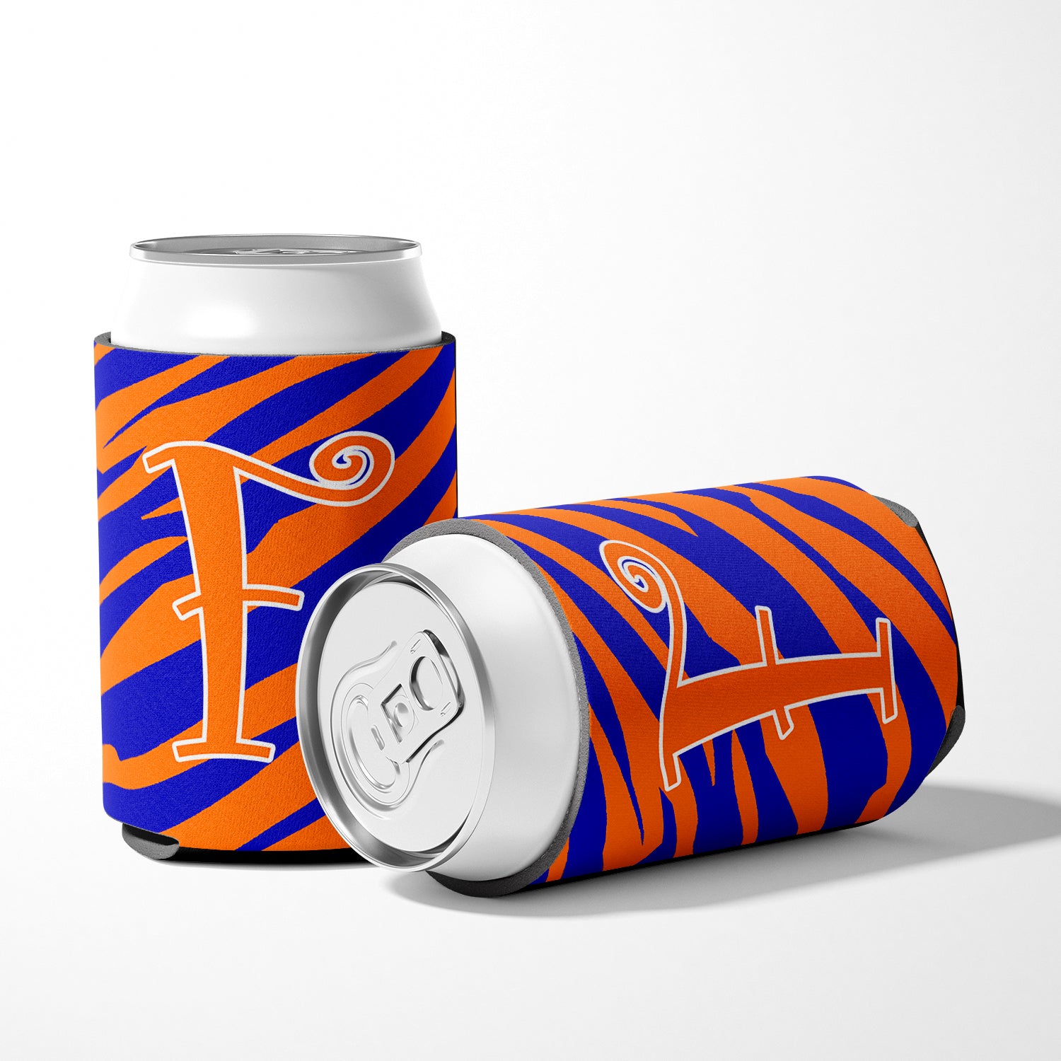 Letter F Initial Monogram - Tiger Stripe Blue and Orange Can Beverage Insulator Hugger