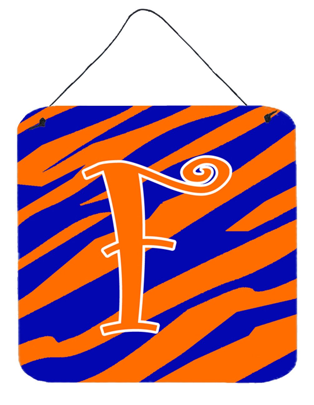 Letter F Initial Tiger Stripe Blue and Orange Wall or Door Hanging Prints by Caroline&#39;s Treasures