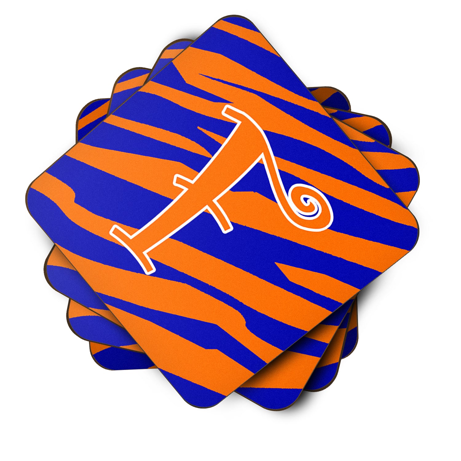 Set of 4 Monogram - Tiger Stripe Blue and Orange Foam Coasters Initial Letter F - the-store.com