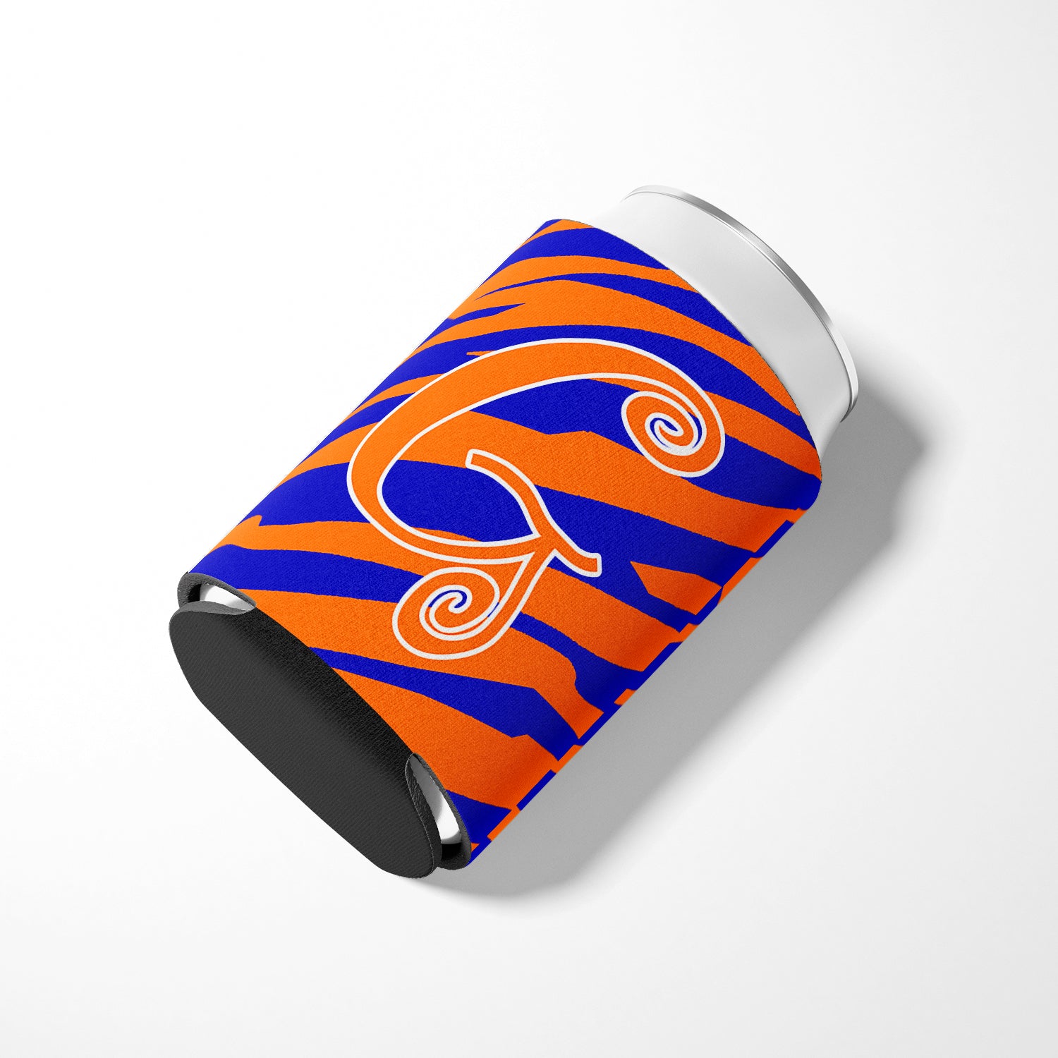 Letter G Initial Monogram - Tiger Stripe Blue and Orange Can Beverage Insulator Hugger