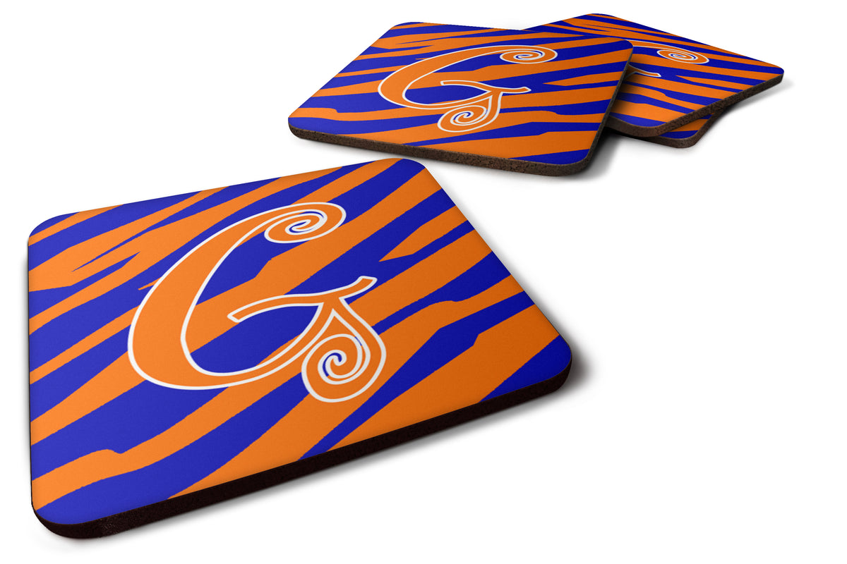 Set of 4 Monogram - Tiger Stripe Blue and Orange Foam Coasters Initial Letter G - the-store.com