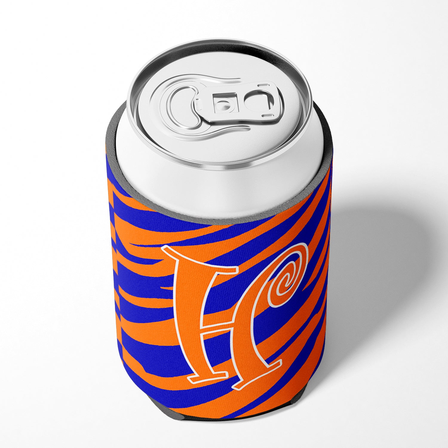 Letter H Initial Monogram - Tiger Stripe Blue and Orange Can Beverage Insulator Hugger
