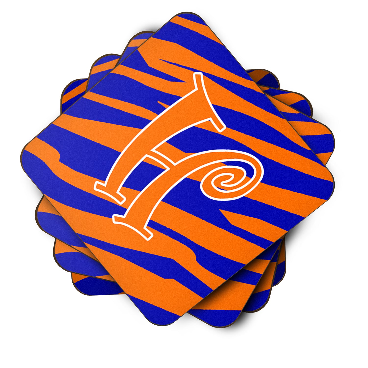 Set of 4 Monogram - Tiger Stripe Blue and Orange Foam Coasters Initial Letter H - the-store.com