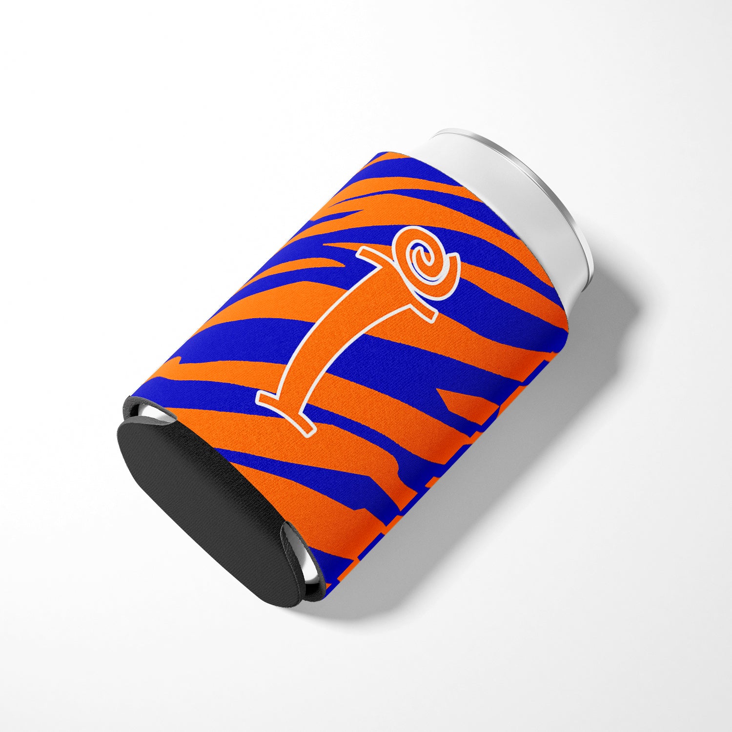 Letter I Initial Monogram - Tiger Stripe Blue and Orange Can Beverage Insulator Hugger.
