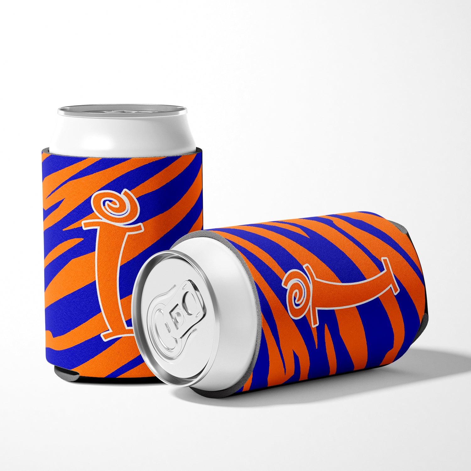 Letter I Initial Monogram - Tiger Stripe Blue and Orange Can Beverage Insulator Hugger.