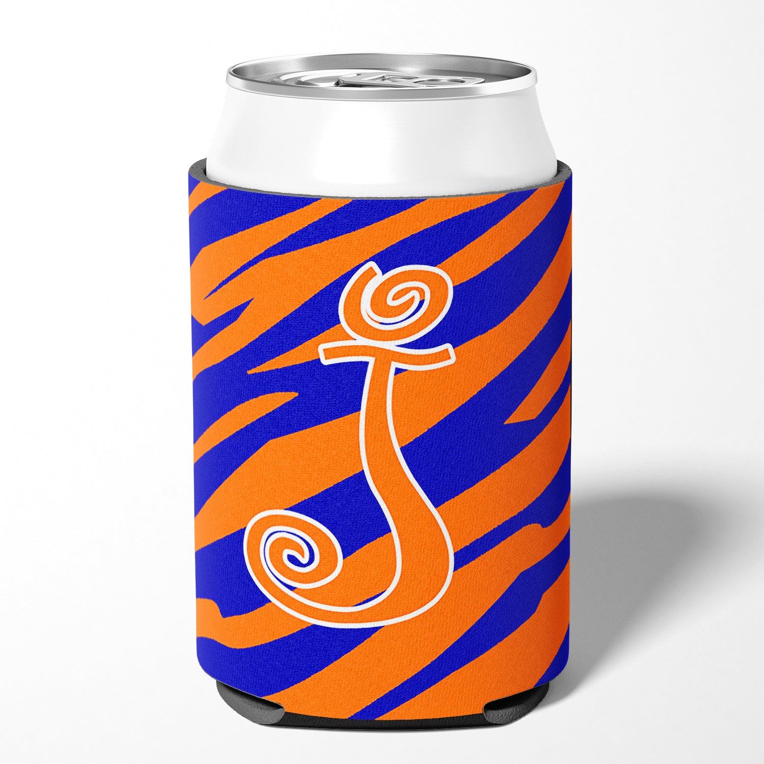 Letter J Initial Monogram - Tiger Stripe Blue and Orange Can Beverage Insulator Hugger.