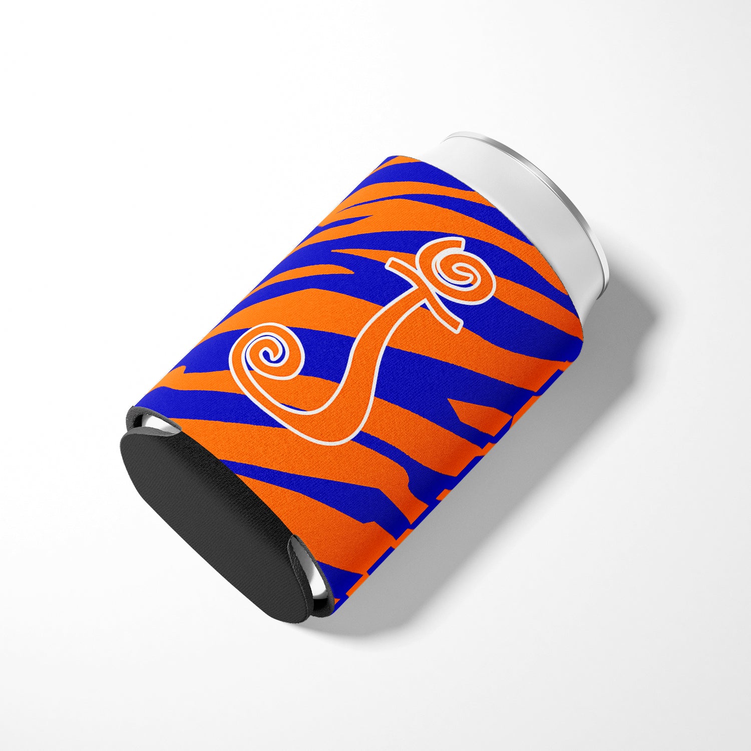 Letter J Initial Monogram - Tiger Stripe Blue and Orange Can Beverage Insulator Hugger.